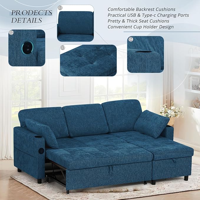 84" Chenille Pull Out Sofa Bed w/Adjustable Backrest, L-Shape Modern Sleeper Sofa w/Reversible Chaise, Upholstered Sectional Couch w/USB Port and Side Pockets for Living Room, House, Blue