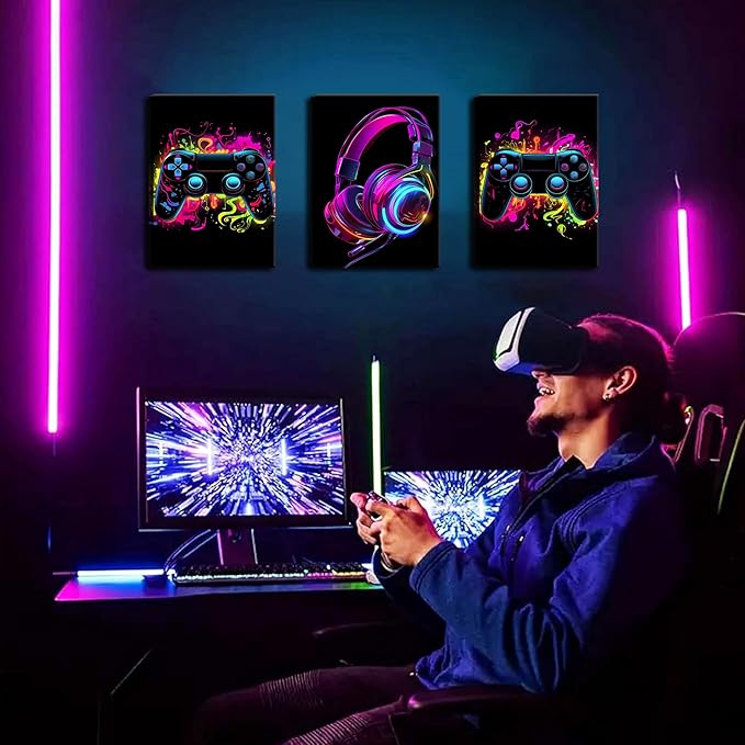 BGFCE Game Room Decor Set of 3, Neon Gaming Video Game Room Wall Art, Gaming Canvas Paintings Posters Prints for Teen Boys Room Children Teen Wall Decor Framed 16x24 in