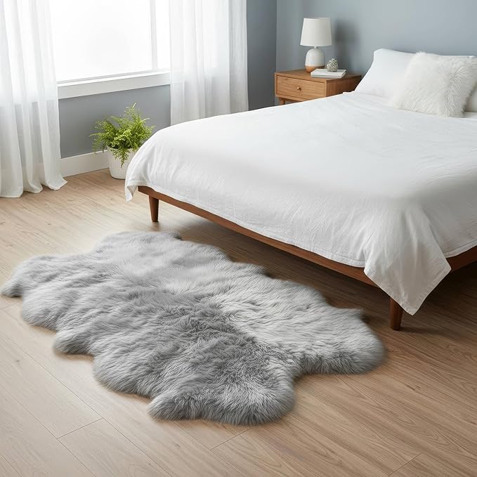 Silver Gray Sheepskin Rug for Bedside - 4x6 Sheep Skin Living Room Rugs - Soft & Fluffy Textured Natural Fur Bedroom Rug