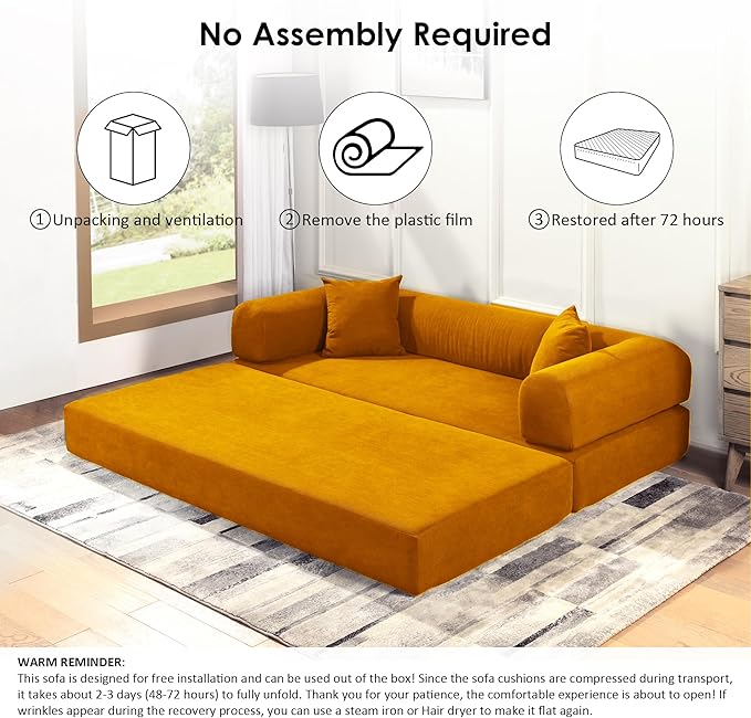 80" Convertible Sofa Bed, Corduroy Deep Seat Folding Pull Out Couch with Pillows, No Assembly Modern Boneless Couch Compression Sofa in Box, Floor Sofa with Storage Pocket for Living Room,Yellow