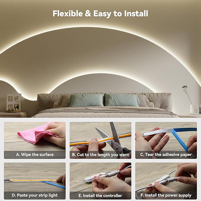 PAUTIX COB LED Strip Lights,UL Listed Dotless LED Lights with RF Remote,16.4ft Natural White 4000K Super Bright Dimmable Flexible Diffused LED Tape Light,Kitchen Cabinet,Office,Stairs,Shelf Lighting
