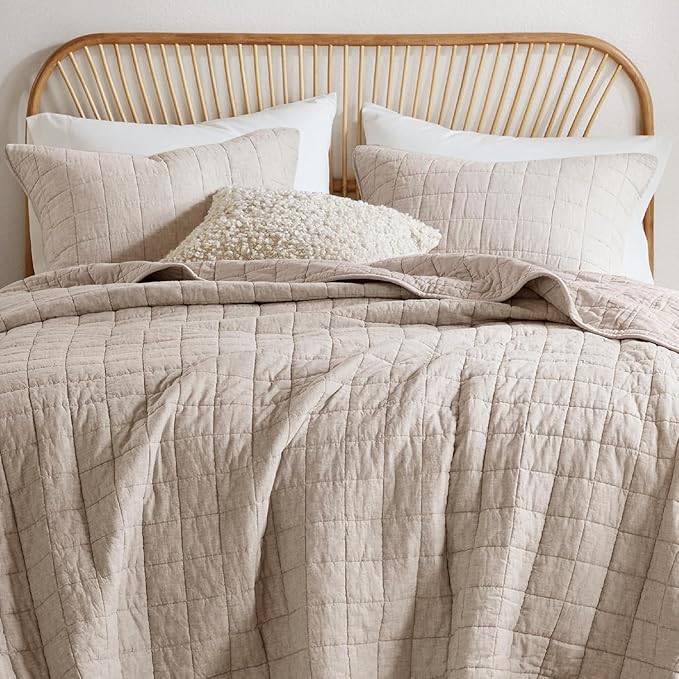 Hyde Lane Luxury Linen Quilt Set Queen Size, Organic European Flax Cotton Blend Bedding for Bedspread and Coverlet, Box Stitched, with 2 Pillow Shams, 90"x96", Linen