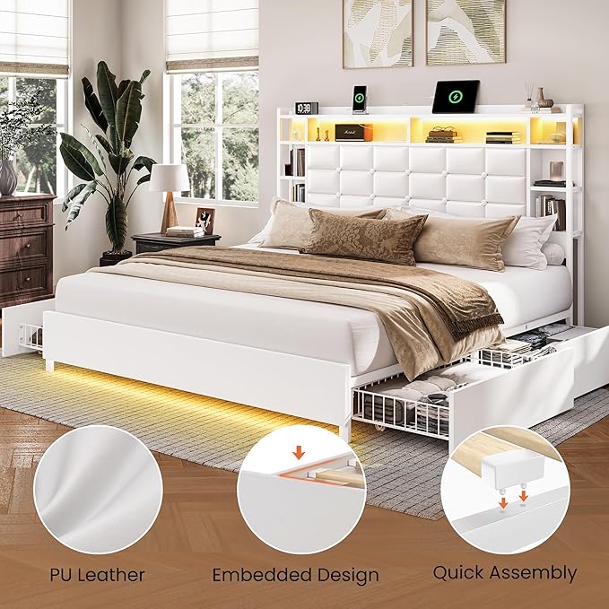 LARMACE Queen Size Bed Frame with 4 Storage Drawers and Bookcase Headboard, Faux Leather Upholstered, Wooden Platform Bed Frame with Charging Station and LED Lights, No Box Spring Needed, White