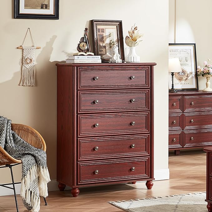 Farmhouse Dressers & Night Stand Set of 4, Wood 54" Wide 6 Drawer Dresser & 45" Tall Chest of Drawers, 18" Roman Column Nightstand Set of 2, Bedroom Furniture Dresser Sets for Home Living Room Hallway