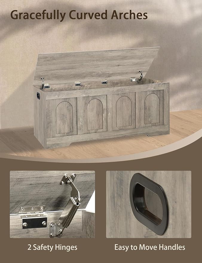 DINZI LVJ Storage Chest, 47.2" Rattan-Like Toy Box with 2 Safety Hinges, Wooden Entryway Storage Bench with Flip-Top, Large Trunk for Living Room, Bedroom, Easy Assembly, Gray Wash