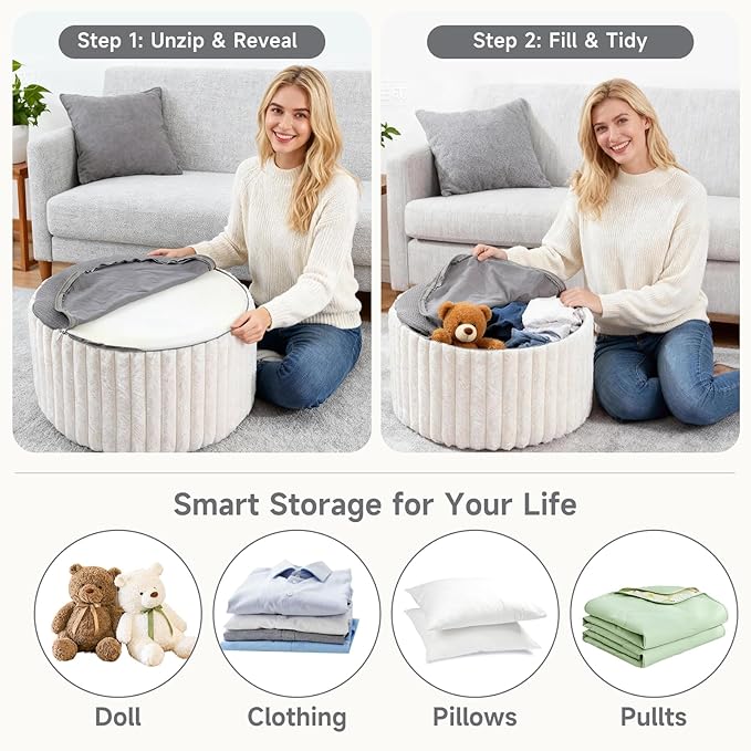 Tiita Round Stuffed Pouf Ottoman, Stripe Faux Fur Poufs with Foam Chunk Filling, Furry and Fluffy Pouf 21×21×12 inch Foot Stool Storage Ottoman,Puff Office Foot Rest for Couch Living Room, Beige
