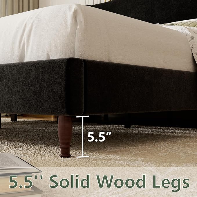 Full Size Upholstered Platform Bed Frame, 51" Tall Chenille Fabric Headboard with Classic Curved Wingback Design, Vintage Solid Wood Legs, No Box Spring Needed, Easy Assembly & Noise-Free, Black