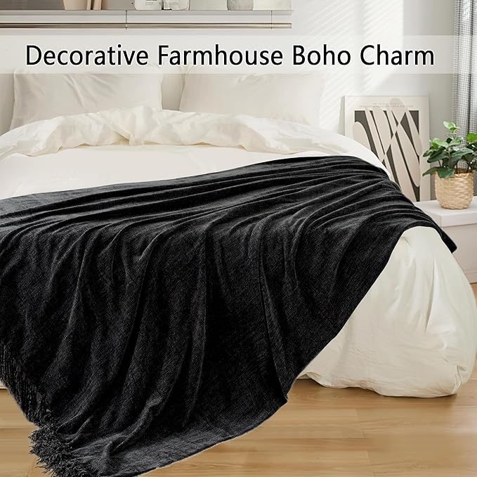 Chenille Throw Blanket for Couch 60"X 80" Twin, Soft Cozy Throws with Fringe Tassel for Bed Sofa Chair Cover, Lightweight Knitted Decorative Boho Blankets for Living Room, Black