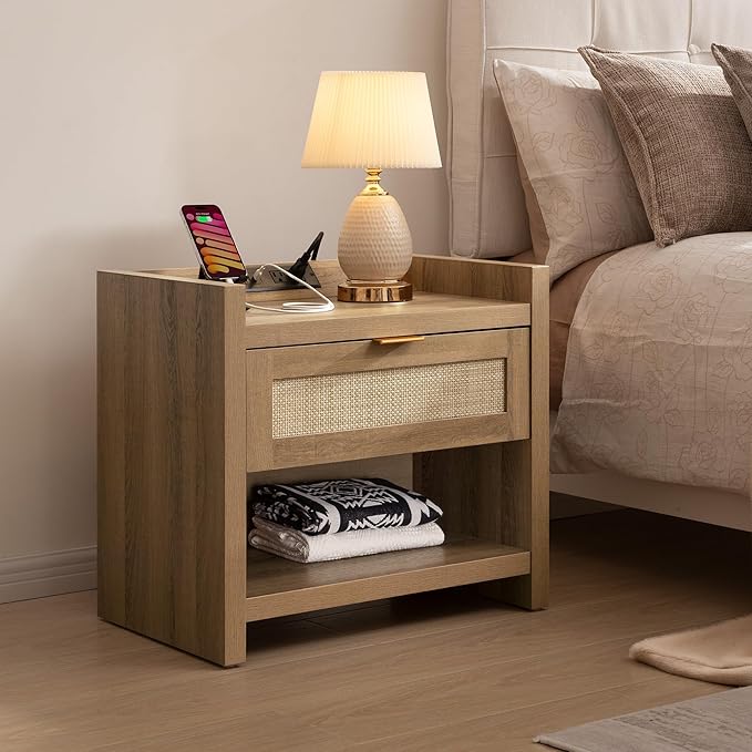 SICOTAS Night Stand Set of 2 Nightstands - Rattan Bed Side Table with Drawer Storage,Type-C Charging Station End Table - Boho Bedside Night Stands for Bedroom - Natural Oak
