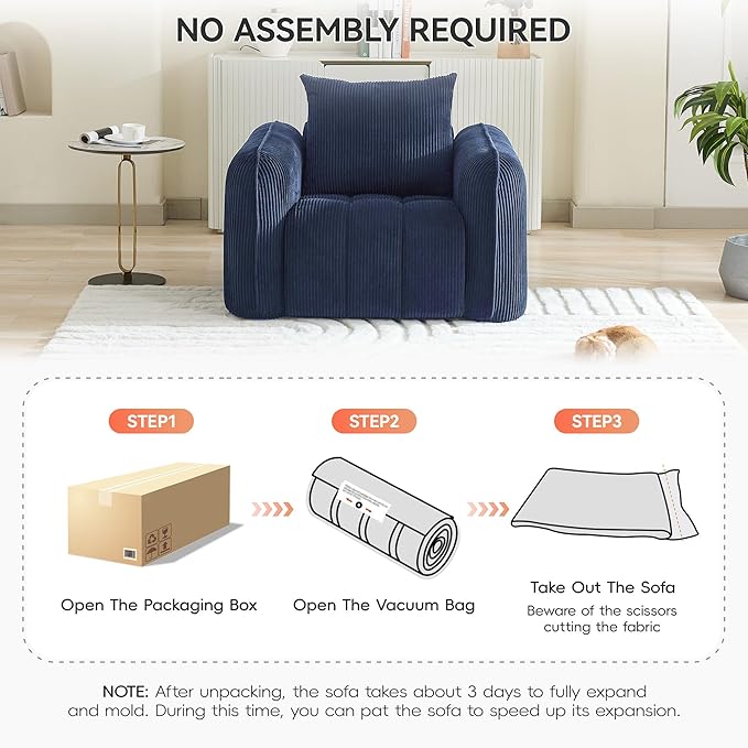 Oversized Boneless Corduroy Accent Chair, Comfy Deep Seat Armchair for Bedroom, Modern Upholstered Living Room Sofa Chair with Pillow, No Assembly, Navy