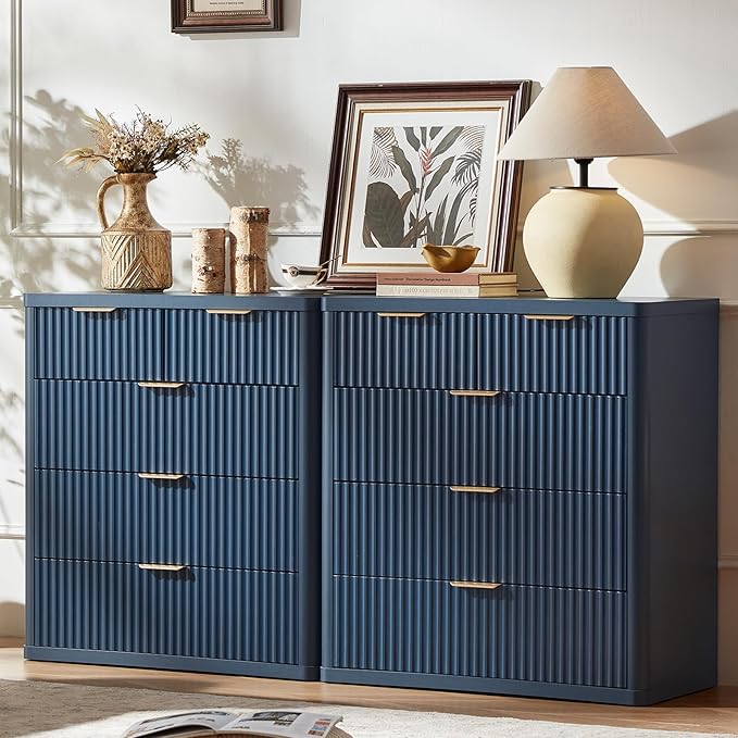 LEYAOYAO Fluted 5 Drawers Dresser for Bedroom, 34" Tall Modern Chest of Drawers with Metal Handle, Curved Profile Design,Navy Blue Wood Drawer Organizer for Bedroom, Living Room, Hallway, Entryway