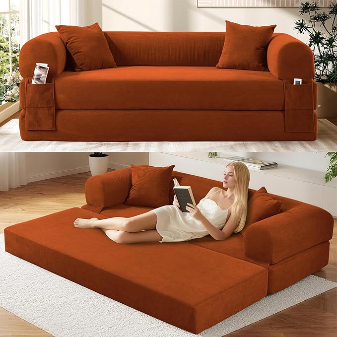 Convertible Futon Sofa Bed,80" Folding Pull Out Couch Bed with Storage,Queen Sleeper Sofa Bed,Compressed Couch in a Box,Corduroy Boneless Couches for Living Room,Orange