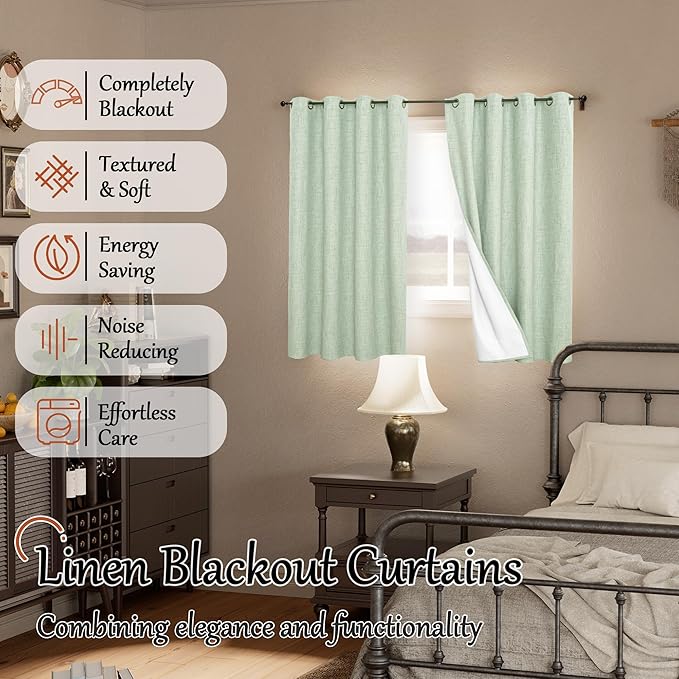 Sage Green Blackout Curtains for Bedroom - Linen Curtains 45 Inch Length Thermal Insulated Privacy Burlap Boho Window Drapes for Basement Scandi Farmhouse Nursery, 2 Panels, Each 52" Wide