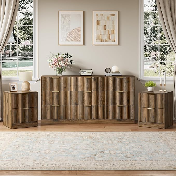 9 Drawer Dresser & Nightstand Set 3-Piece, 63” Wide Walnut Bedroom Dresser and Night Stand Set of 2, Fluted Modern Wood Chest of Drawers Storage Dressers Set for Bedroom, Walnut