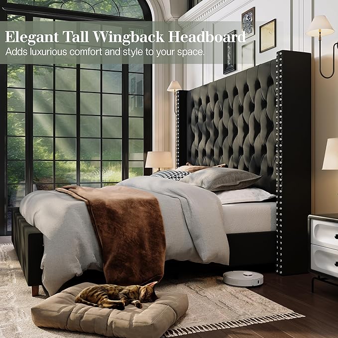 Jocisland California King Bed Frame with 61.4" Tall Wingback Headboard, Velvet Upholstered Platform Bed, Handcrafted Pleats& Deep Button Tufted, Solid Wood Legs, No Box Spring Required, Black