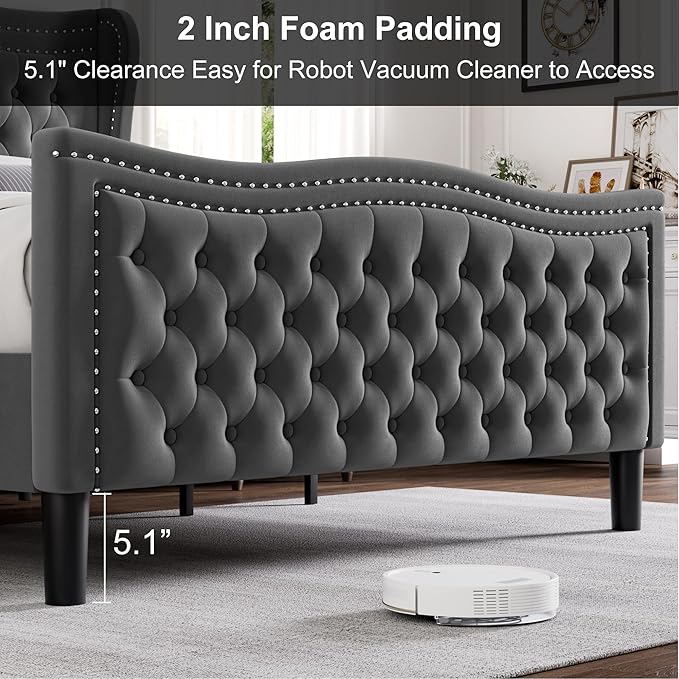 King Bed Frame with Tall Headboard & Footboard, Velvet Upholstered Platform Bed Frame with Deep Button Tufted Wingback, No Box Spring Needed, Noise Free, Grey