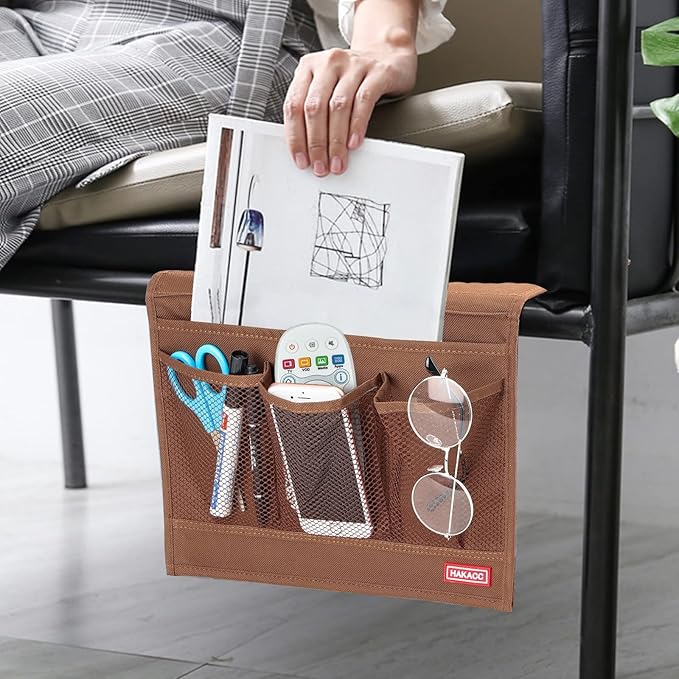 HAKACC Bedside Storage Organizer, Remote Control Holder, Bed Pockets Bedside Caddy Storage for Table Cabinet Phone Glasses, Brown