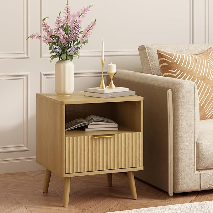CARPETNAL Fluted Nightstand Set of 2, Oak Bedside Table with Drawer and Storage Shelf, Wood End Table Mid Century Night Stands for Bedroom Living Room