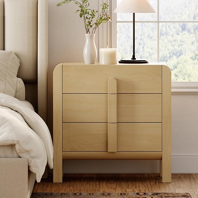 WAMPAT Modern 3 Drawer Nightstand, 31.5" Tall Nightstand End Table Bed Side Table w/Curved Profile Design, Wooden Bedroom Dresser with Large Chest of Drawers for Bedroom, Living Room, Oak