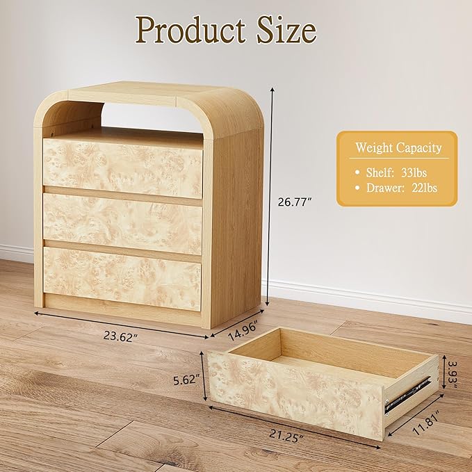 3 Drawer Dresser for Bedroom, Modern Chest of Drawers with Open Shelf, Burl Wood Tall Nightstand End Table for Living Room, Hallway (Natural)