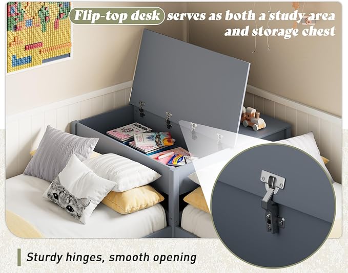 AMERLIFE L-Shaped Twin Trundle Bed with Flip-Top Storage Desk, Space-Saving Solid Wood Platform Bed Frame, Grey Finish, Multi-Functional Twin Bed for Kids and Families