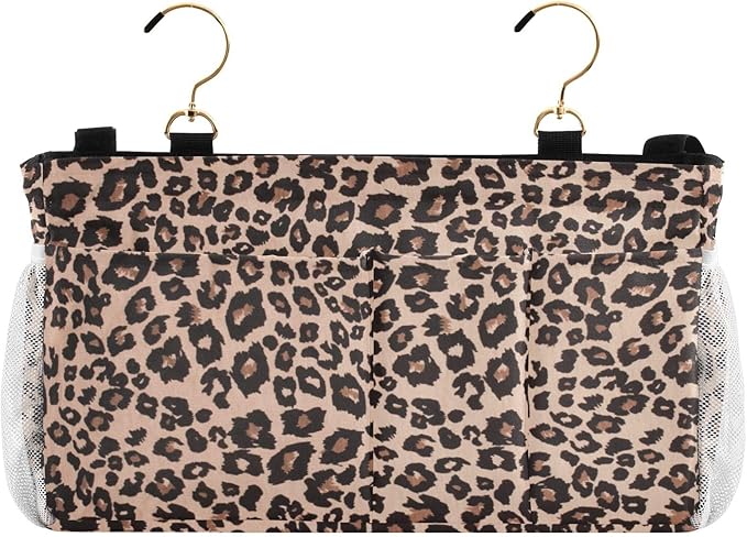 Bedside Caddy Hanging Bunk Bed Caddy Bed Organizer Hanging Pocket with 2 Hooks Bedside Storage Organizer Pocket Bag Holder Leopard Print Brown
