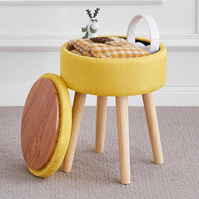 Mxfurhawa Storage Ottoman Foot Stool Linen Round Vanity Stool Tray Top Footstool with Wood Legs Multifunctional Upholstered Foot Rest Ottoman for Living Room, Bathroom, Makeup (Yellow)
