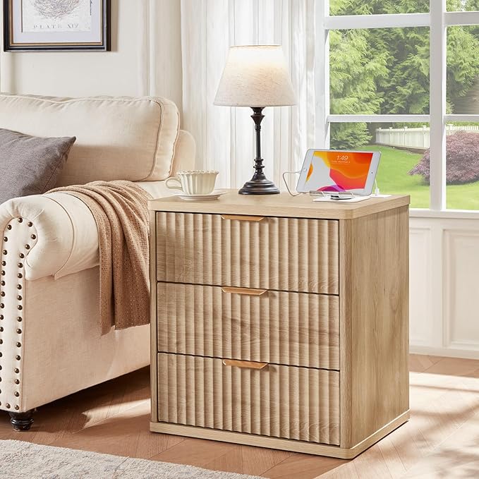 LEYAOYAO Fluted Dressers & Nightstand Set of 4, Wood 48" Wide Dresser & 42" Tall Chest of Drawers,Modern Bedroom Furniture Sets, Natural Wooden Nightstand Set of 2 with 3 Drawers & Charging Station