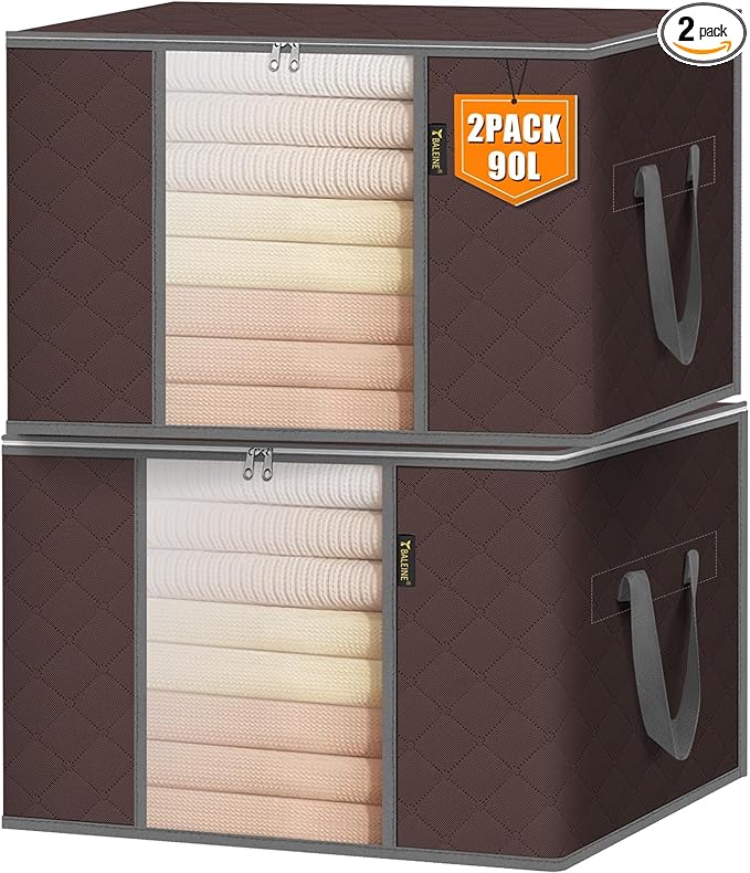 BALEINE 2 Pack Clothes Storage Bags, 24 Gallon Storage Containers with Reinforced Handle, Sturdy Zipper, Closet Organizer for Blanket, Comforter, Pillow, Bedding (Brown, 2 Pack)