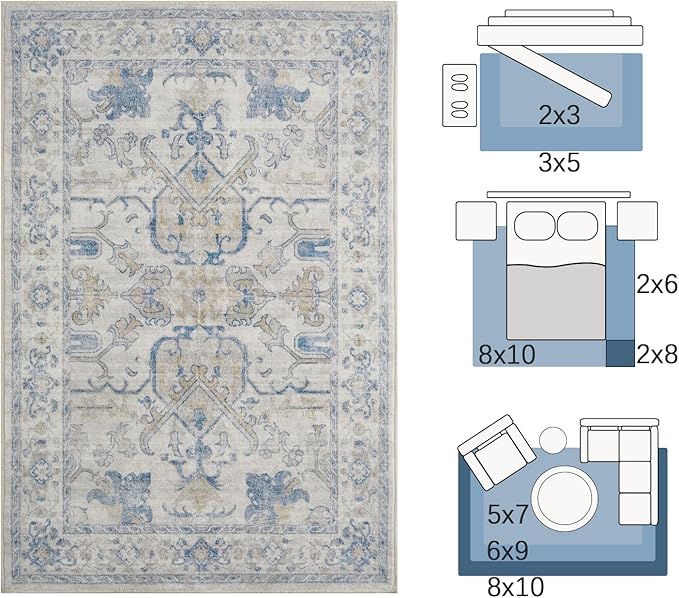 jinchan 4x6 Machine Washable Area Rugs Ultra-Thin Soft Throw Rug Low Pile Non-Slip Stain Resistant Distressed Vintage Floral Carpet for Bedroom, Living Room, Dining Room, Kitchen, Nursery(4x6ft, Blue)