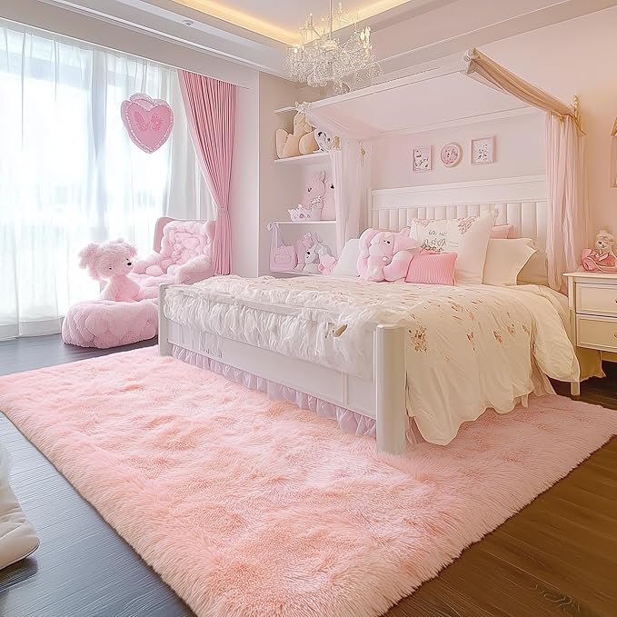 PAGISOFE Pink Rugs for Girls Bedroom 4x6 Ft Fluffy Cute Girls Room Decor Aesthetic Area Rugs Kawaii Baby Nursery Rugs Plush Playroom Shag Teen Girl Rug Thick Fur Dorm Rug Living Room Carpet
