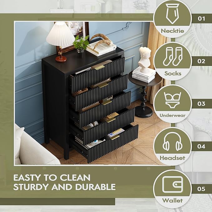 5 Drawer Dresser, 43" Tall Dresser Organizer TV Drawer Cabinet Modern Wood Storage Cabinet, Modern Wood Storage Cabinet for Bedroom, Hallway, Entryway, Black Oak X 2