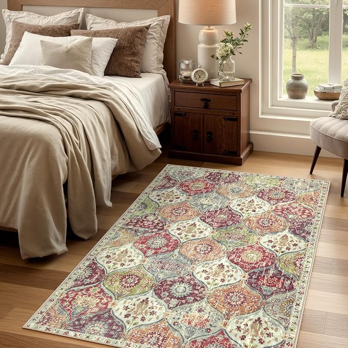 Lahome Moroccan Machine Washable Rugs for Living Room, 4x6 Rug for Bedroom Non-Slip Vintage Trellis Ultra-Thin Throw Carpet for Dining Room Office Nursery, Orange/Terracotta
