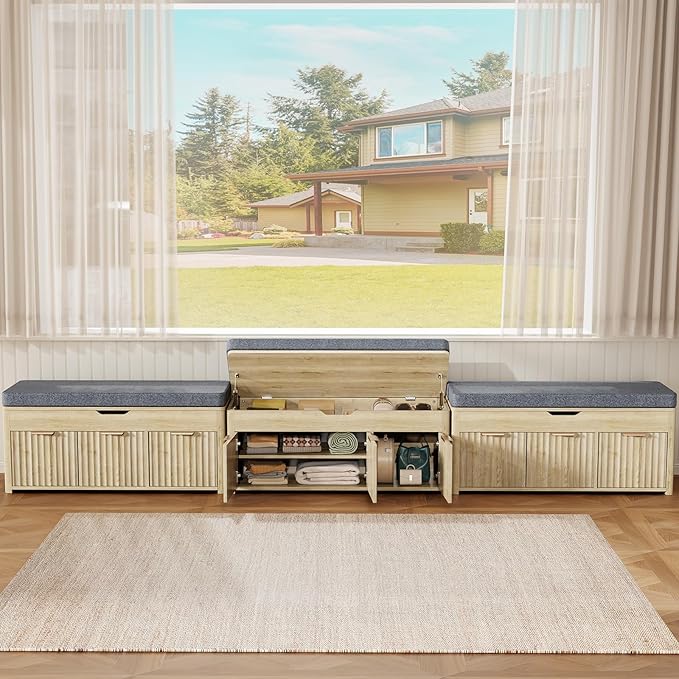 Shoe Bench with Storage - Lift Top Entryway Bench with Hidden Storage, Shoe Rack with Adjustable Shelves and Cushioned Seat, Wooden End of Bed Bench for Bedroom, Living Room and Hallway,Nature