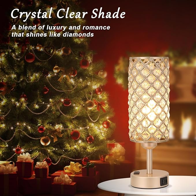Touch Table Lamps for Bedrooms Set of 2-3 Way Dimmable Champagne Gold Crystal Lamps with Crystal Shade, Bedside Nightstand Lamp for Living Room Bedroom Home Office