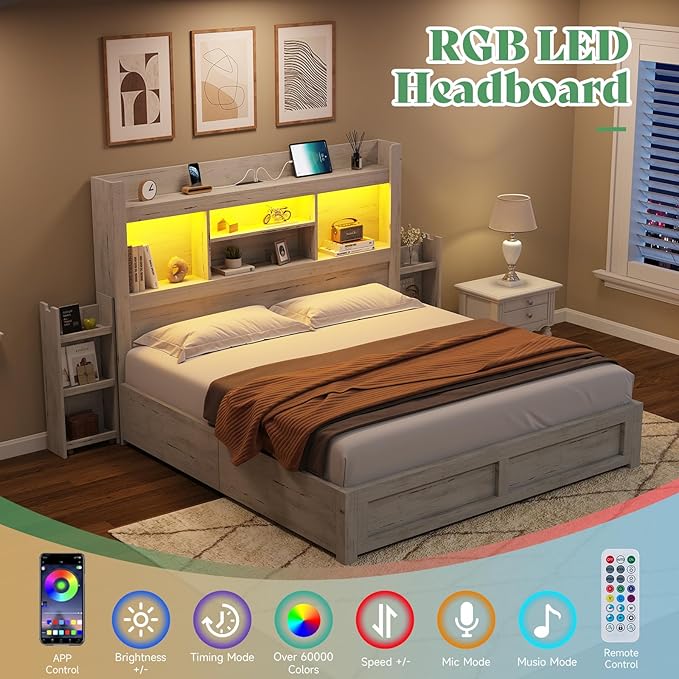 AMERLIFE Queen Bed Frame with 4 Storage Drawer, LED Bed Frame with 49.6" Tall Bookcase Headboard, Wood Platform Bed with Charging Station & 2 Slide Bedside Shelf, No Box Spring Needed/Distressed White