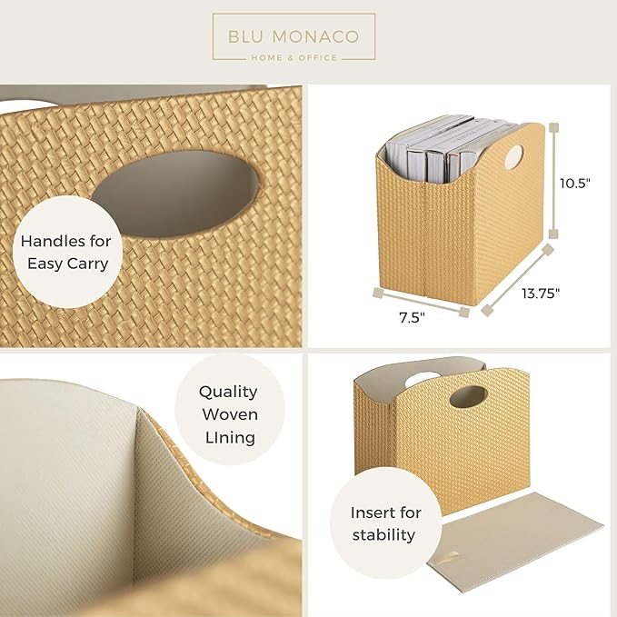 BLU MONACO | Gold Magazine Holder | Woven PVC Leather Organizer with MDF Frame | Floor or Table Storage for Home Office Bathroom | Large Capacity Vertical File Basket