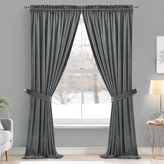 StangH Grey Velvet Curtains 96 inches Long Room Darkening Window Drapes for Living/Dining Room, Solid Rod Pocket Panels for French Door/Cottage, W52 x L96, 2 Panels