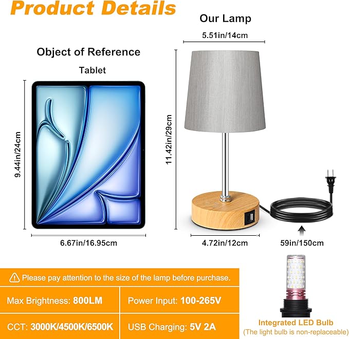 Ascher Small Bedside Table lamp Set of 2, RGB Color Changing Lamps, 3 Color Temperatures, Stepless Dimmable, Nightstand Lamp with USB C+A Ports for Bedroom Living Room, (Grey Shade, Wood Grain Base)