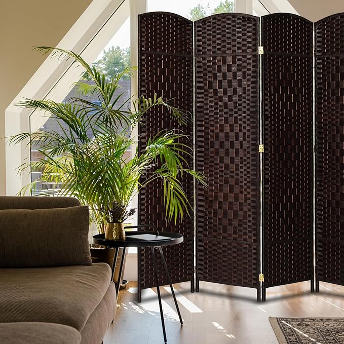 VINGLI 6 FT Tall Rattan Room Divider, Folding Privacy Screen, Indoor Partition Wall Dividers, Freestanding Hinged Space Separator (Brown, 4 Panel)