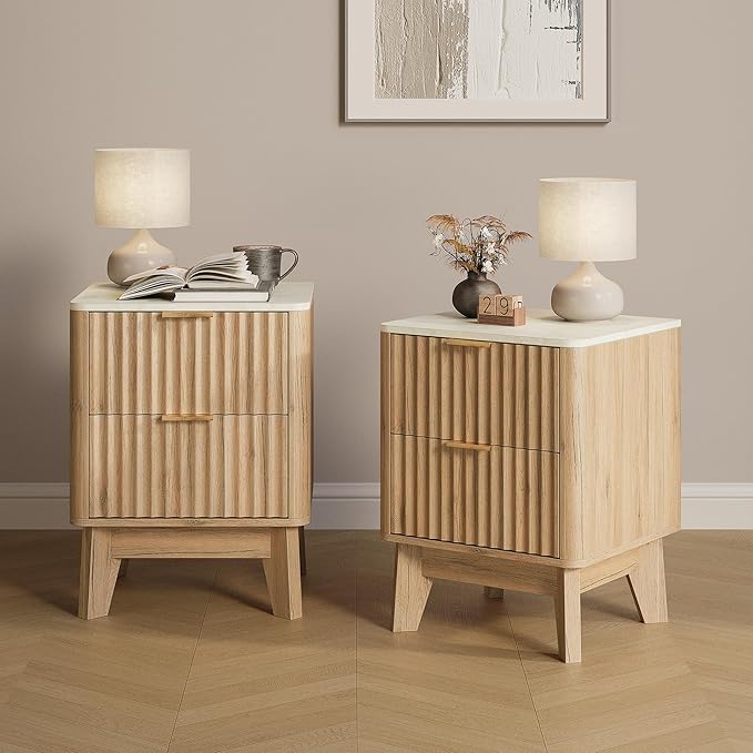 Fluted Nightstand Set of 2,Modern End Table with Faux Marble Top,2 Storage Drawers Side Table,Bedside Table for Bedroom, Living Room,Curved Profile Design Furnitue,Natural Oak