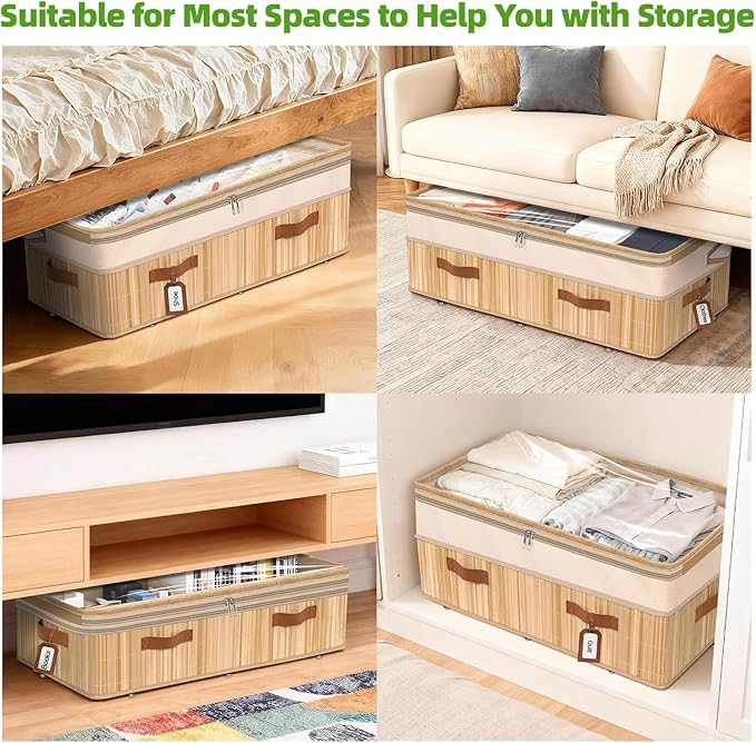 Livole 2 Pack Bamboo Under Bed Storage with Wheels, 6-10 inches Height Adjustable Underbed Storage Containers, 92L XXXL Large Rolling Under Bed Storage Bins for Clothes, Blankets, Sweater, Shoes
