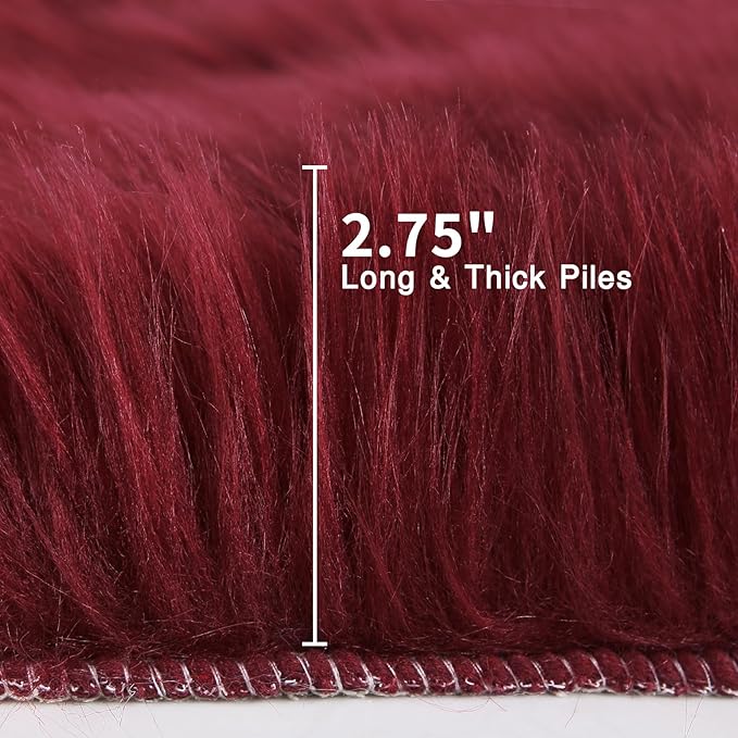 duduta Burgundy Sheepskin Throw Rug 2x3 ft, Fluffy Shag Faux Fur Seat Chair Covers Non Slip Washable