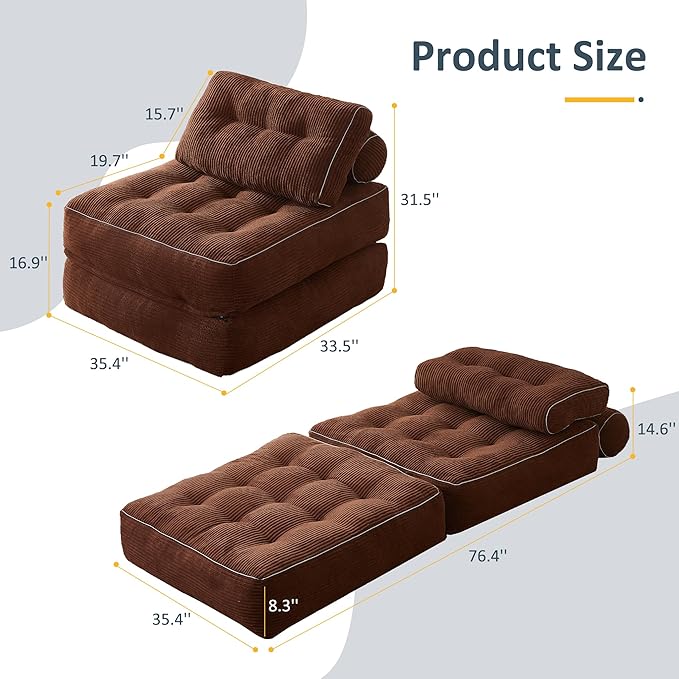 Folding Chair Bed, Futon Sofa Bed, Floor Couch for Adults Chair Bed for Living Room, Lounge Sofa, Convertible Sofa Bed, Small Couches for Small Spaces,Brown