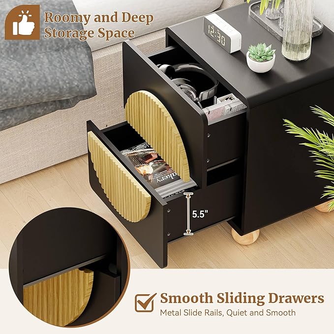 23" Black Nightstand with Solid Wood Legs, Modern Style Fluted Bedside Table with Round Moon Handle & Storage, Mid Century Cute Night Stand for Bedroom, Side Table, End Table
