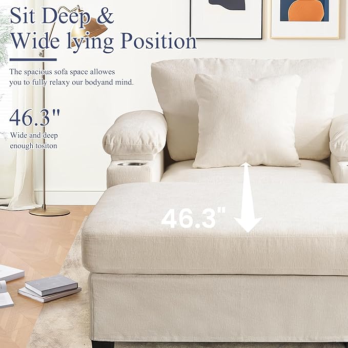 SUNWAVE 58" Chaise Lounge Chair with Ottoman, Chenille Fabric Sofa Bed, Accent Chair with Cupholders & USB Charging Ports for Living Room, Bedroom, Apartment (1 Chaise Ivory)