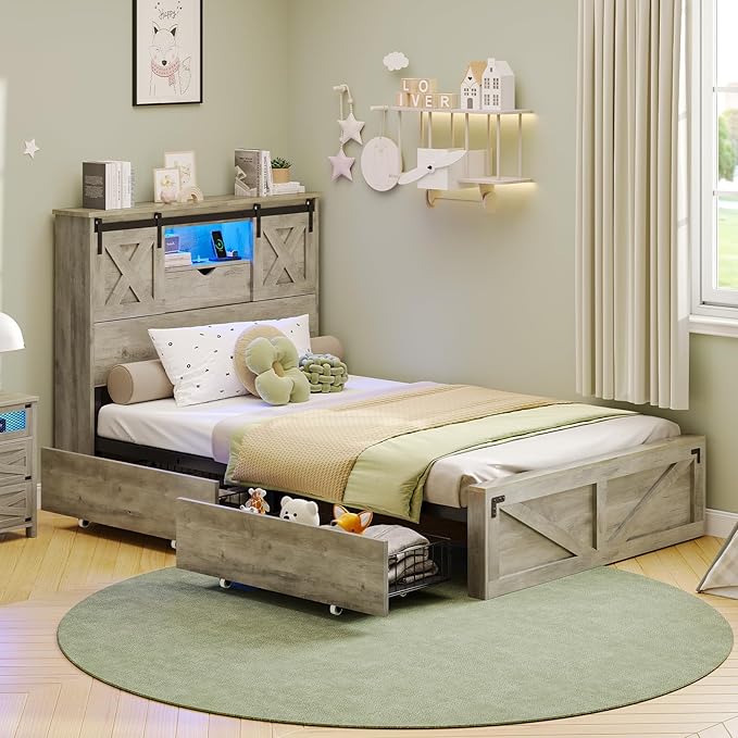 Hasuit Farmhouse Bed Frame Twin XL Size with 2 Storage Drawers, Wooden Platform Twin XL Bed with LED Lights and Charging Station, Rustic Headboard with Sliding Barn Door Storage Cabinets (Rustic Oak)
