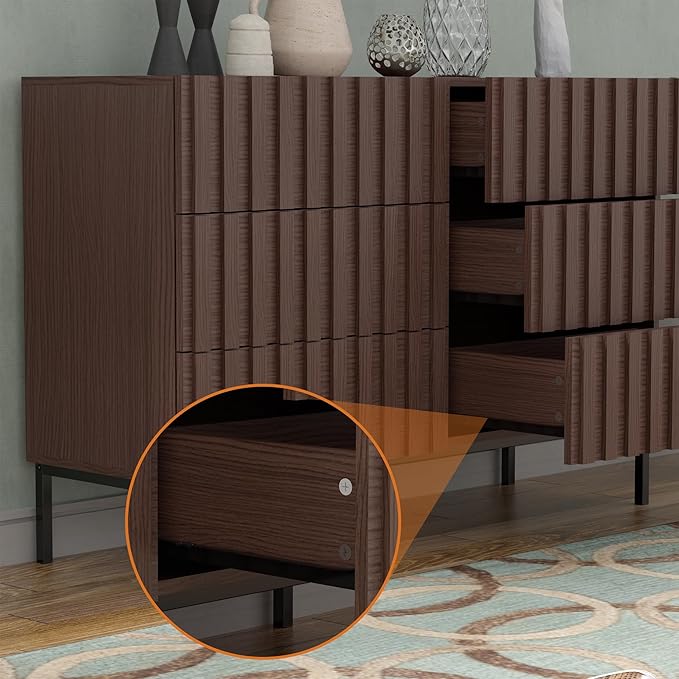 UEV Fluted Dresser for Bedroom with 6 Drawers, 47" Wide Large Chest of Drawers with Metal Stand, Mid-Century Wooden Dresser TV Stand, Closet Storage Organizer for Living Room, Hallway (Walnut)