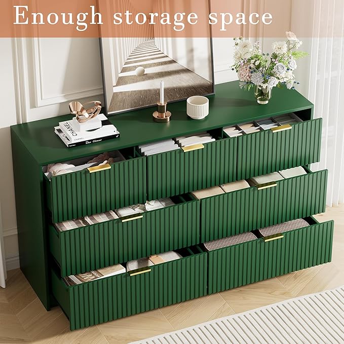Green Dresser for Bedroom, Modern Dresser with 7 Drawers and Smooth Slides, Wide Chest of Drawers with Golden Handles for Bedroom, Living Room, Closet, 15.7" D x 55.1" W x 31.4" H