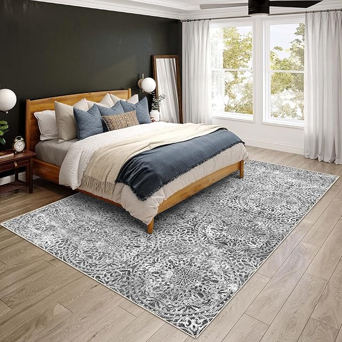 vivorug 4x6 Rug, Small Area Rug for Living Room, Bedroom, Kitchen, Machine Washable Non-Slip Throw Rug, Vintage Medallion Carpet for Entryway Nursery Coffee Table - Durable (Grey)